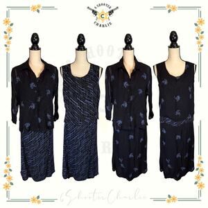 VTG AliMiles 3 Pcs Reversible Dress Lined Sheer Blouse Black/Blue Floral Large